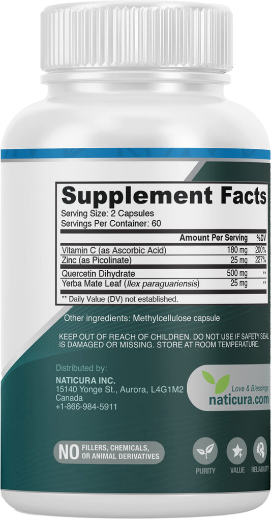 Naticura Zinc Quercetin with Vitamin C and Yerba Mate - 4-in-1 Nutritional Immune Support Supplement - 120 Veggie Capsules - Made in the USA