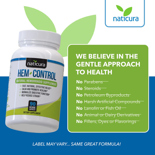 Naticura Hem-Control - Fast Effective Hemorrhoid Treatment Supplement - Powerful Formula to Promote Symptom Relief, Shrinking of Hemorrhoids, Ease Discomfort - 90 Vegan Capsules - Made in USA