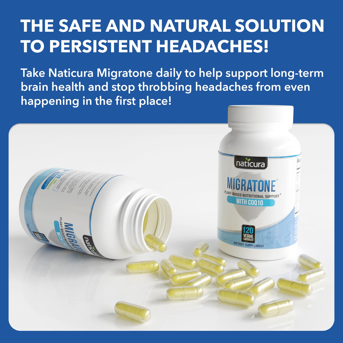 Migratone Migraine Defense  Natural Headache Relief Supplement - Helps to Prevent Nausea, Sensitivity & Auras from Tension & Chronic Strain - Doctor Recommended Long-Term Protection & Brain Support - 120 Vegan Capsules