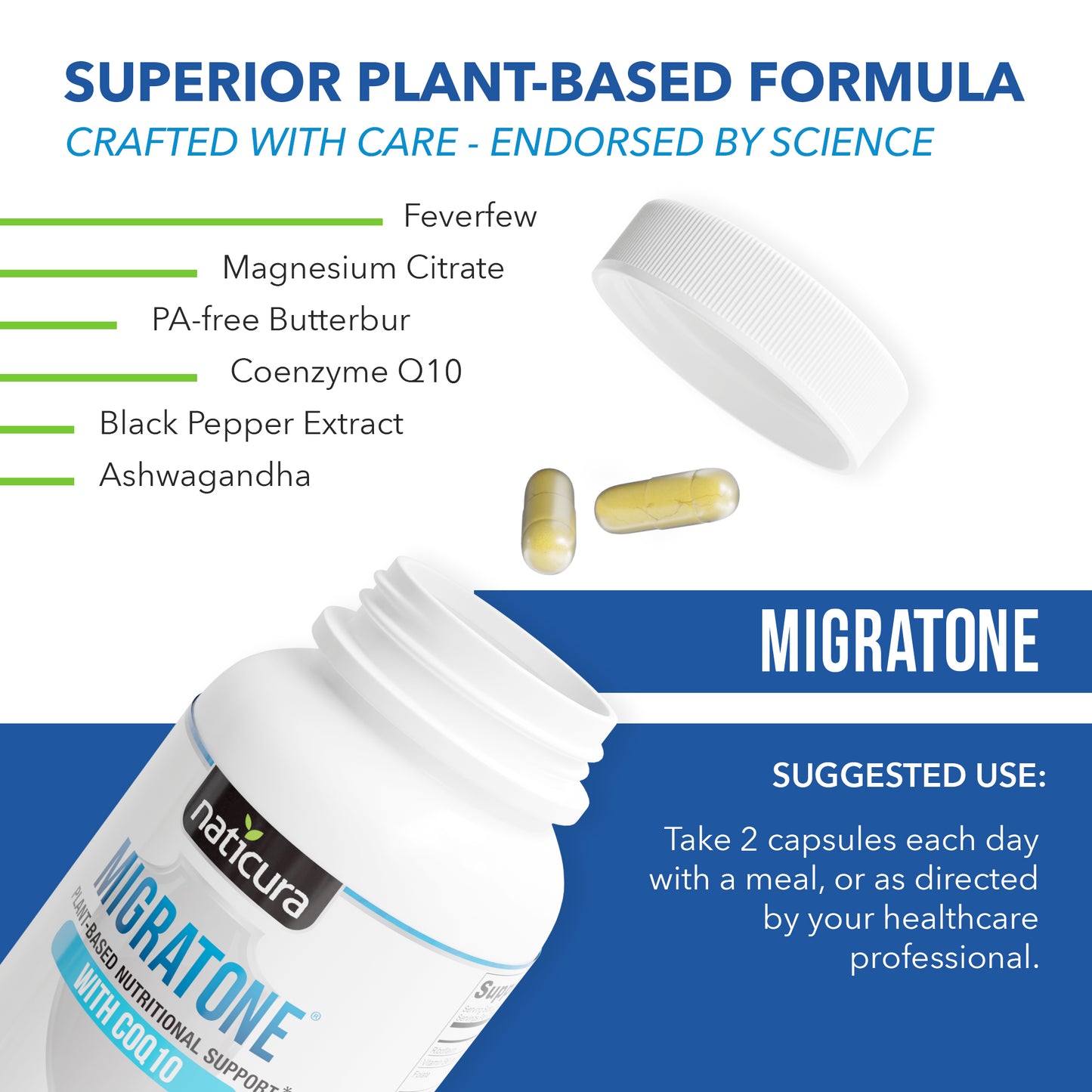Migratone Migraine Defense  Natural Headache Relief Supplement - Helps to Prevent Nausea, Sensitivity & Auras from Tension & Chronic Strain - Doctor Recommended Long-Term Protection & Brain Support - 120 Vegan Capsules