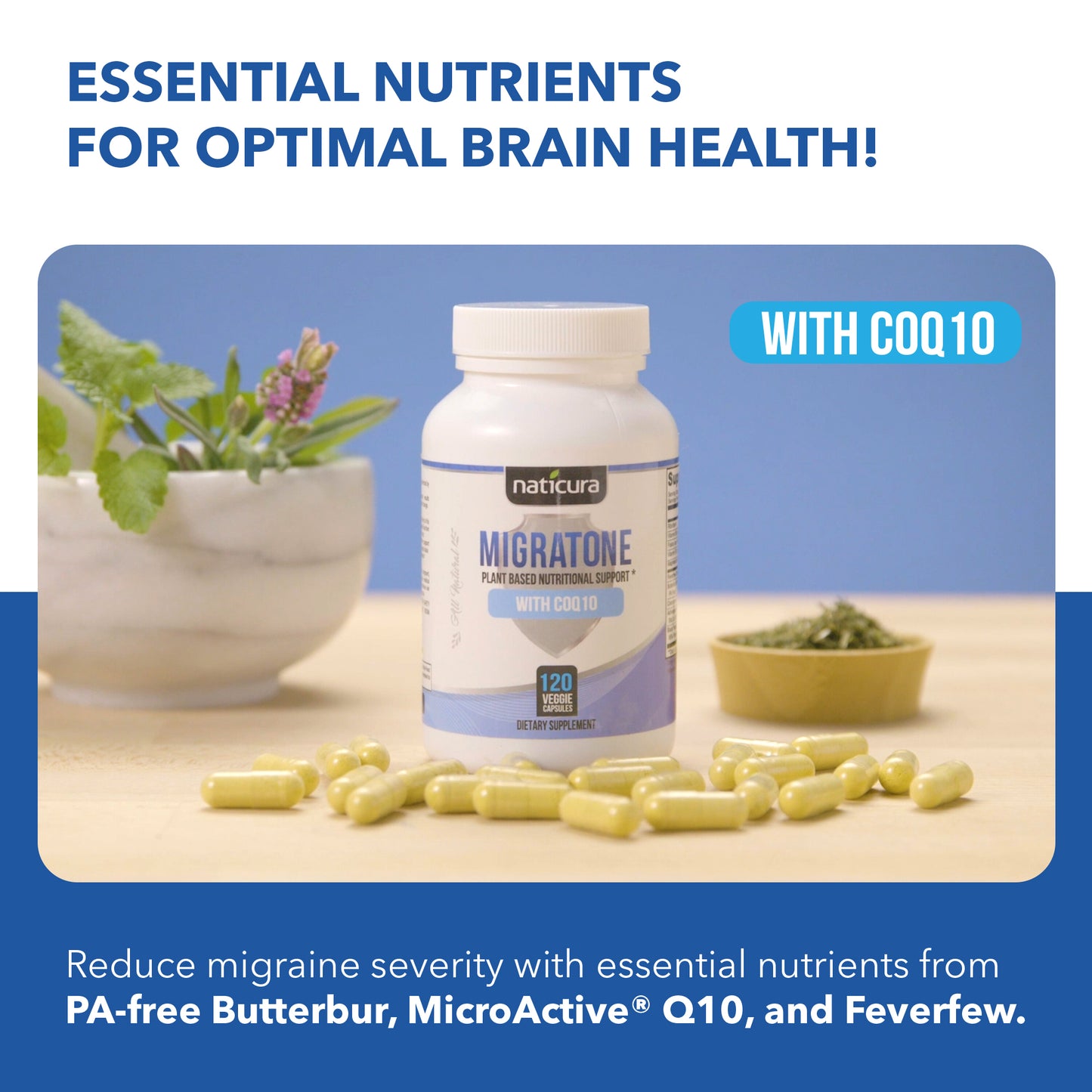 Migratone Migraine Defense  Natural Headache Relief Supplement - Helps to Prevent Nausea, Sensitivity & Auras from Tension & Chronic Strain - Doctor Recommended Long-Term Protection & Brain Support - 120 Vegan Capsules