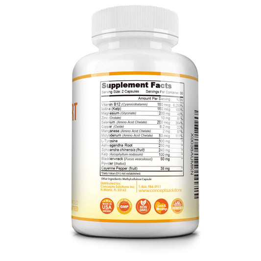 Thyroid Support Complex With Iodine - Improved Metabolism, Focus and Energy, Natural Supplement for Health & Balance Hormone Levels With Magnesium, Selenium, Tyrosine & Ashwagandha - 60 Capsules