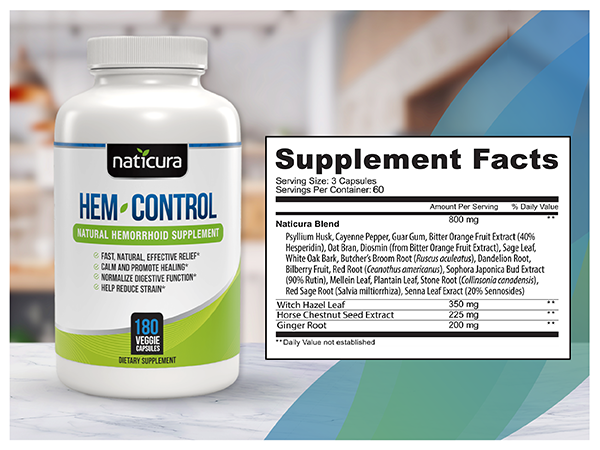 Hem-Control Natural Hemorrhoid Treatment Supplement -Helps To Calm, Repair & Promote Healing of the Inflamed, Damaged Tissue and Swollen Hemorrhoids - 180 Vegan Capsules for Hemroid & Colon Health with Blond Psyllium Husk