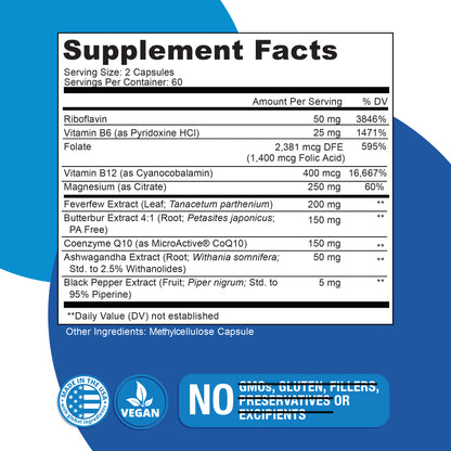 Migraine Defense  Natural Headache Relief Supplement - Helps to Prevent Nausea, Sensitivity & Auras from Tension & Chronic Strain - Doctor Recommended Long-Term Protection & Brain Support - 120 Vegan Capsules